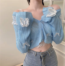 Butterfly Knit Cardigans Women V-Neck Crop Tops Ladies Summer Thin Long Sleeved