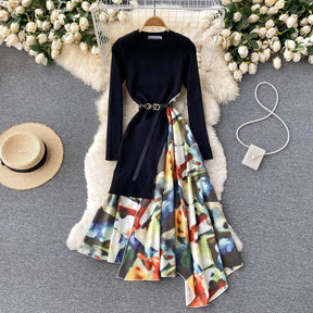 Knitted Patchwork Gradient Print Pleated Dress Long Sleeve Office One-Piece Sweater Dress With Belt