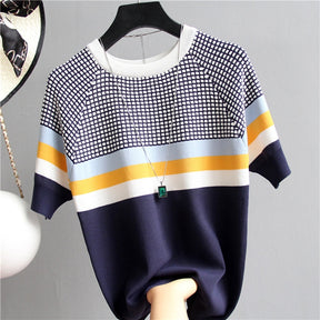 Thin Knitted T Shirt Women Short Sleeve Summer Tops Woman Clothes Striped Fashion T-Shirt