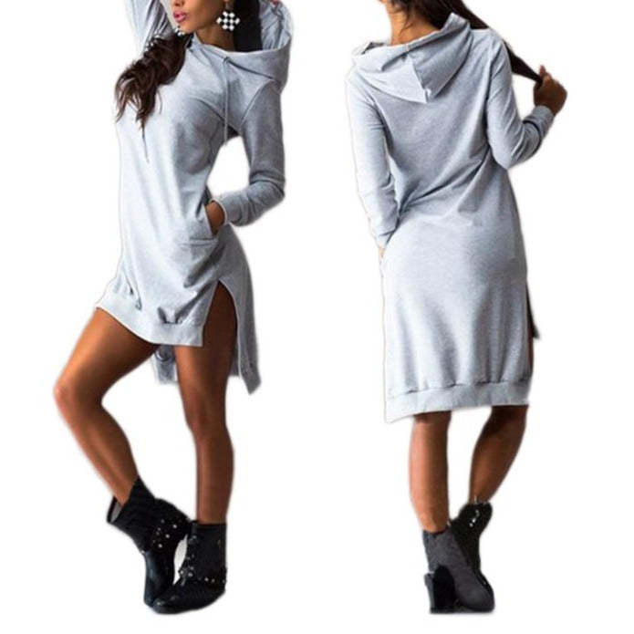 Woman Sweatshirt Dress Hoodies Autumn Sports Casual Long Sleeve Split Sweatshirt Hooded Dress