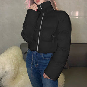 Faux PU Leather Y2K Bubble Puffer Winter Warm Jacket Women Long Sleeve Coats