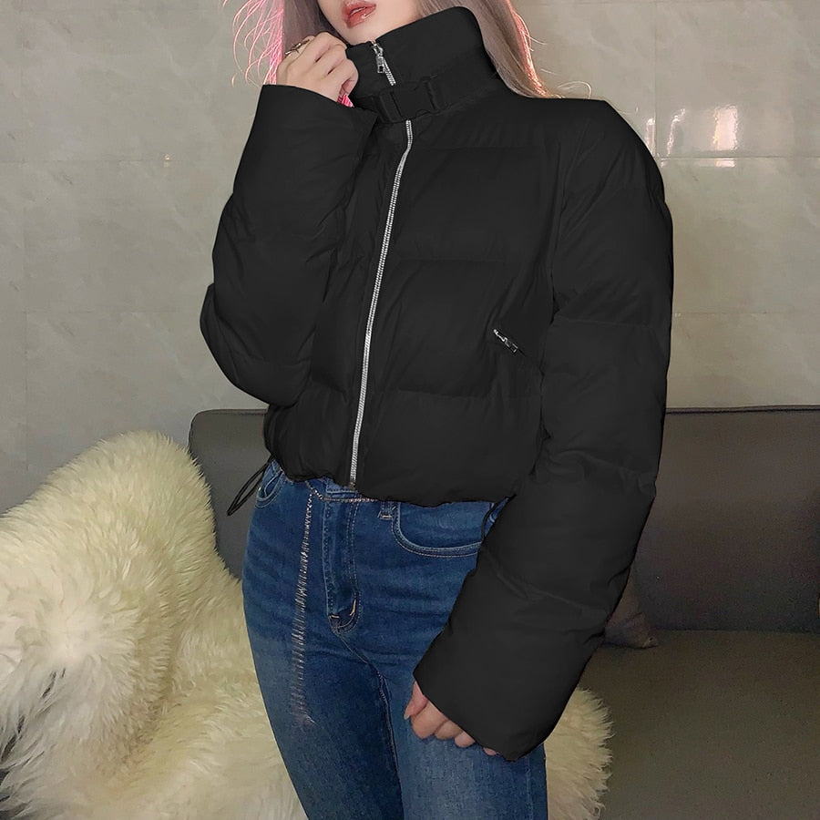 Faux PU Leather Y2K Bubble Puffer Winter Warm Jacket Women Long Sleeve Coats