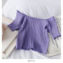 Women Off Shoulder T-shirts Knitted Ruffles Hem Crop Tops Short Sleeve T-shirts