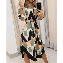 Spring Summer Lady Cover Up Women's Shirt Dress Wave Print Long Sleeve V-Neck Casual Dress Plus Size