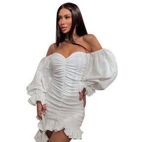 Off Shoulder Long Loose Flare Puff Sleeve Ruched Mini Dress