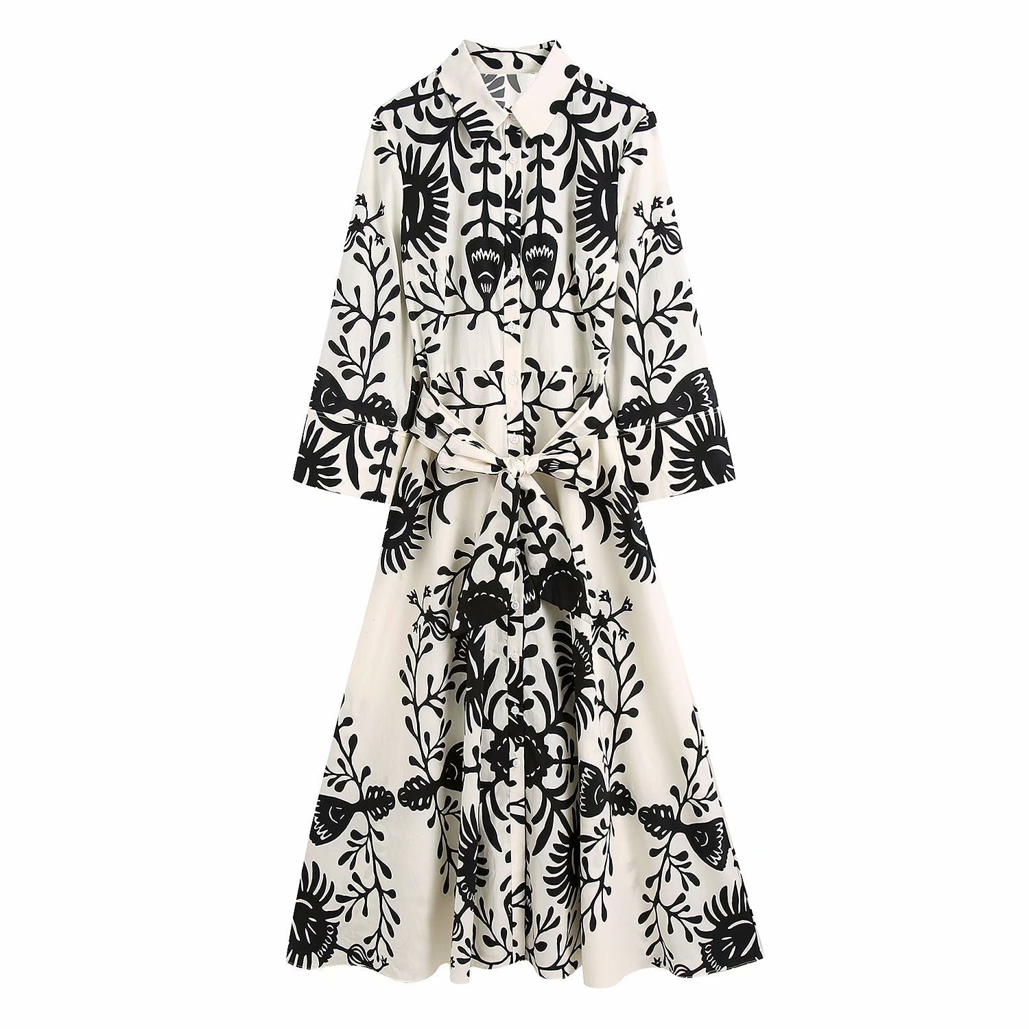 Women Vintage Totem Floral Print Bow Sashes Midi Shirt Dress Female Three Quarter Sleeve Slim Vestidos