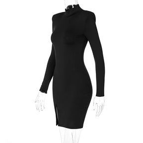 Women Spring Autumn Long Sleeve Bodycon Soild Color Black Slim Package Hip Mini Dress