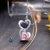 925 Sterling Silver Heart Necklace with 2 Birthstone Cubic Zirconia Custom Name Pendant