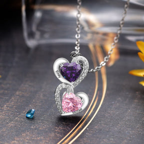 925 Sterling Silver Heart Necklace with 2 Birthstone Cubic Zirconia Custom Name Pendant