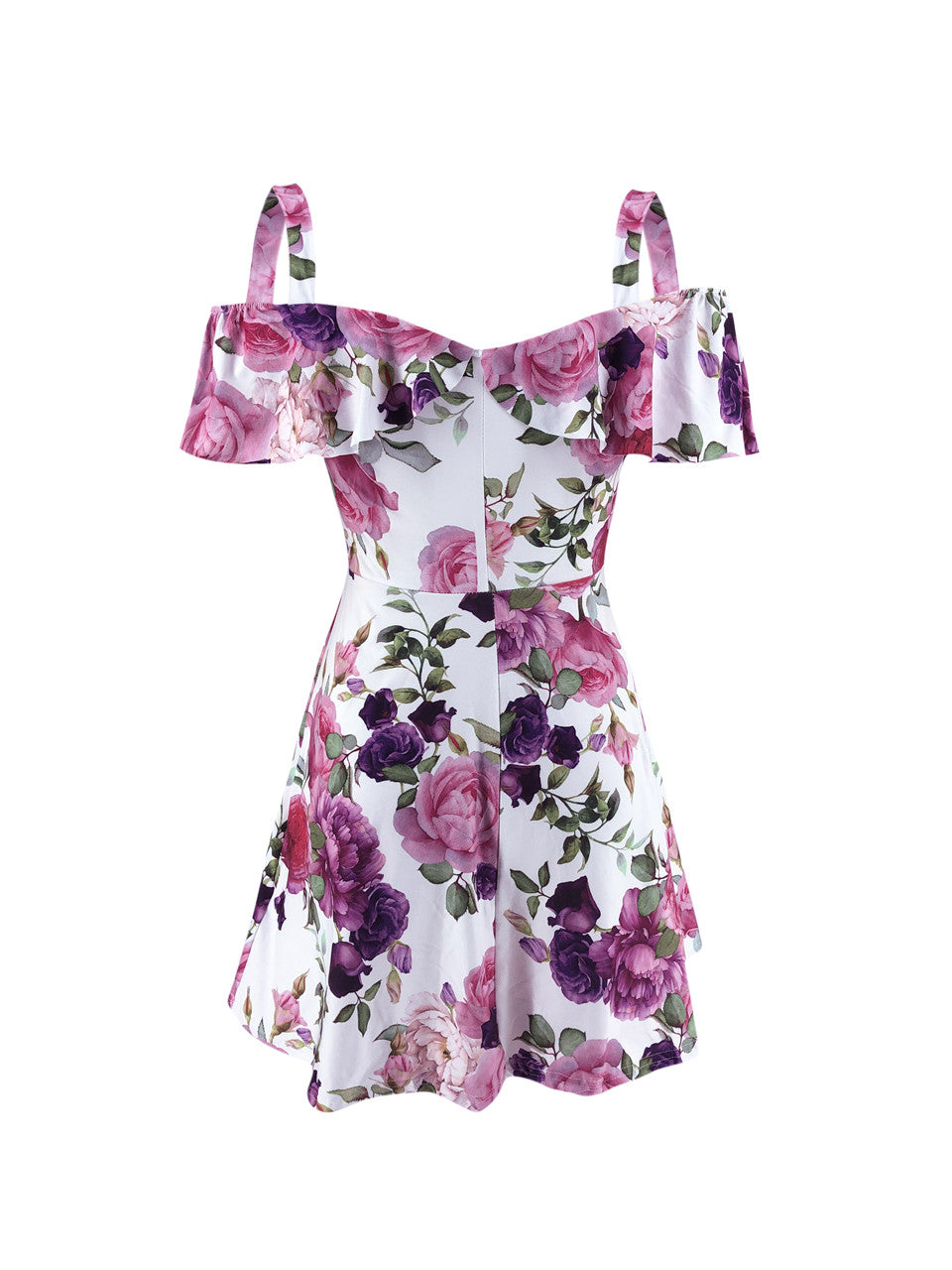 Streetwear Rullfes Decor Sling Strapless Short Sleeve Flower Print Mini Summer Dress