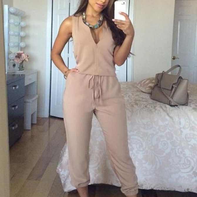 Summer Sexy V Neck Jumpsuit Long Pants Solid Rompers Women's Sleeveless One Piece Bodysuit