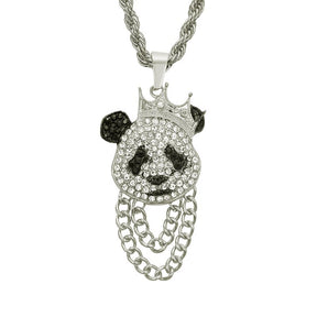 Hip Hop Crown Panda Pendant Necklace Iced Out Cuban Link Chain Mens Women