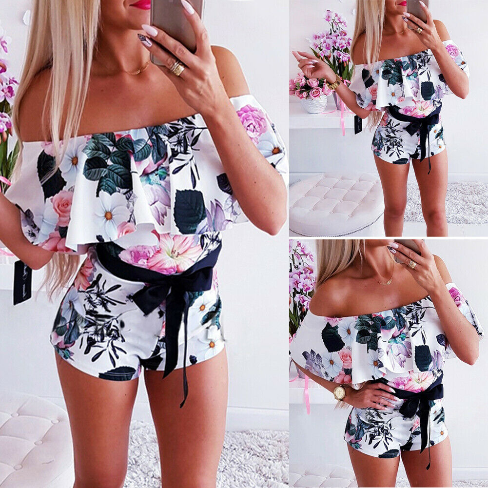 Boho Women Off Shoulder Floral Bodycon Romper Jumpsuit Summer Club Tights Bodysuit