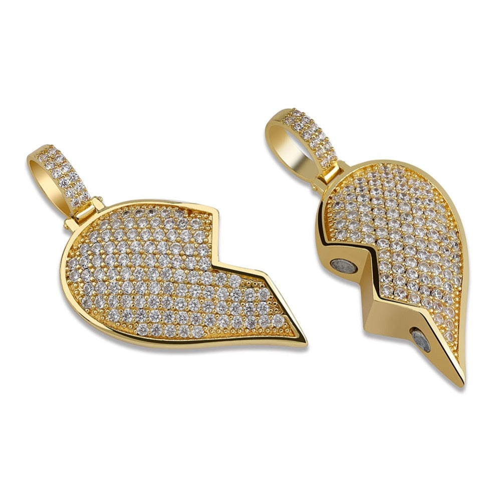 Collana con ciondolo a forma di cuore spezzato con magnete ghiacciato, gioielli hip-hop color oro argento per uomo/donna