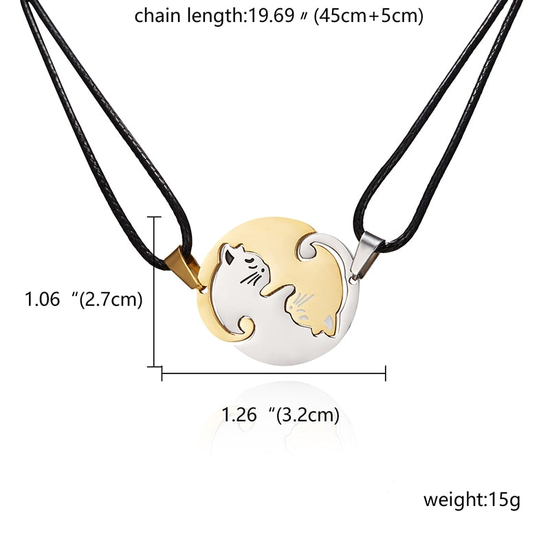 Collana con cuciture a forma di gatto bianco nero Amicizia a forma di cuore Gioielli in coppia con gatto bianco in oro