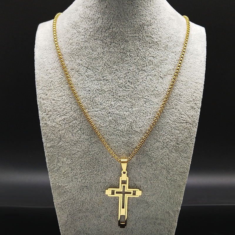 Cross Stainless Fashion Steel Choker Necklace for Men Gold and Silver Color Statement Necklace