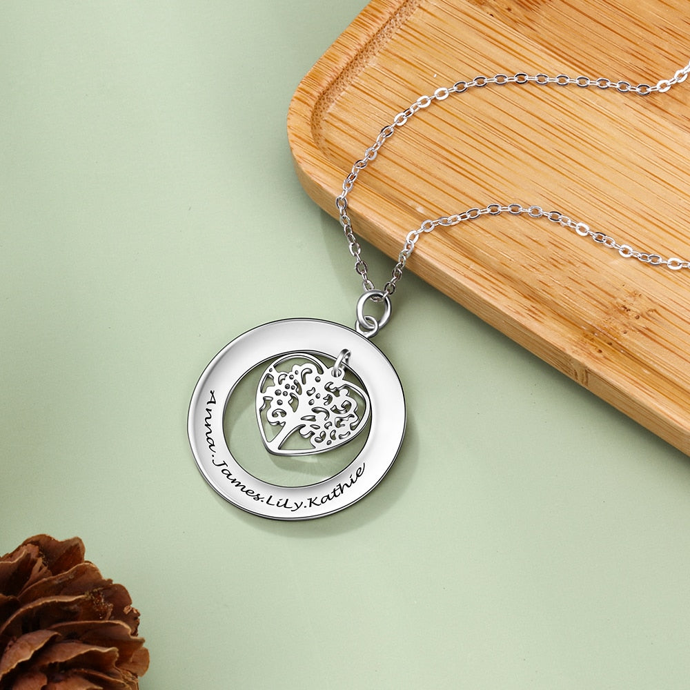 Tree of Life Engrave Name Necklace Silver Color Round Customized Pendants