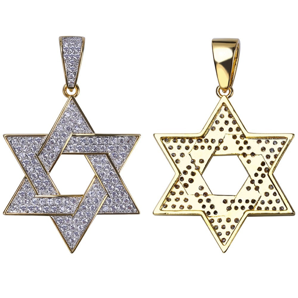 Hip Hop Uomo Gioielli placcati color oro Micro Pave Iced Out CZ Stone Star Of David Collane con ciondolo