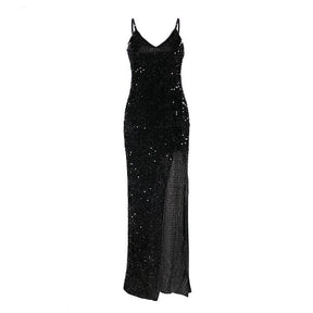 Abito lungo sexy con paillettes con scollo a V da donna estate nero Abiti spaccati con cinturino per spaghetti vestido femminile