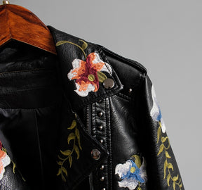 Floral Print Embroidery Faux Soft Leather Jacket Women Pu Motorcycle Coat