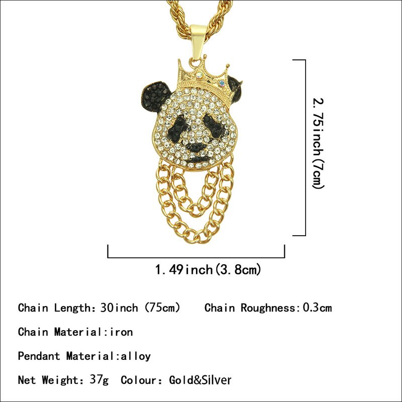 Hip Hop Crown Panda Pendant Necklace Iced Out Cuban Link Chain Mens Women