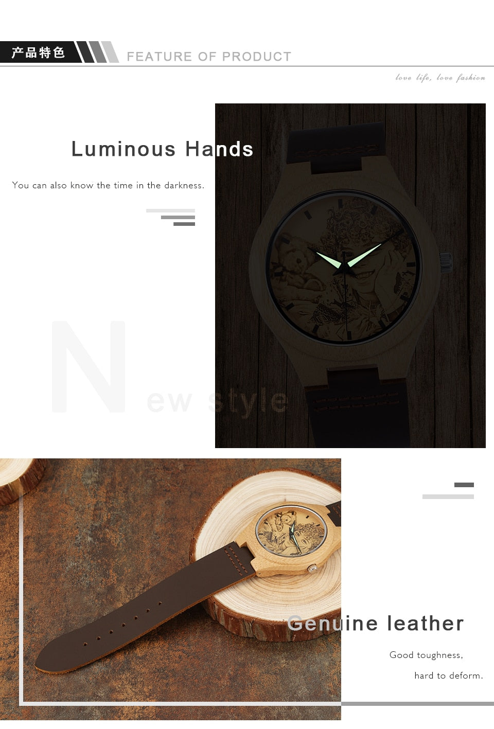 Personalized Custom Photo Texts Wooden Watch Log Wood Case Genuine Leather Watches