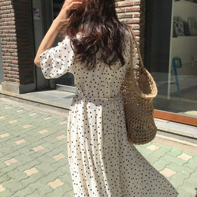 Polka Dot Slim Waist Bandage Long Dress Female Vintage Vestidos with Belt Sundress