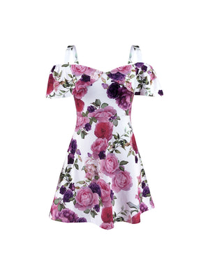 Streetwear Rullfes Decor Sling Strapless Short Sleeve Flower Print Mini Summer Dress