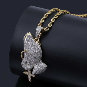 Iced Out Praying Hand Pendant Necklace With Cross Gold Silver Color Hip Hop Necklace