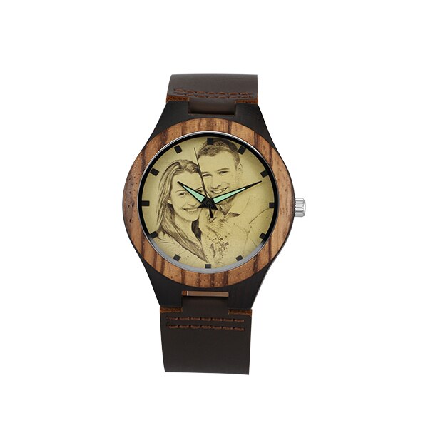 Personalized Custom Watch Photo Ebony Wooden Watch Engraving Picture Leather Band Unique Quartz Watches