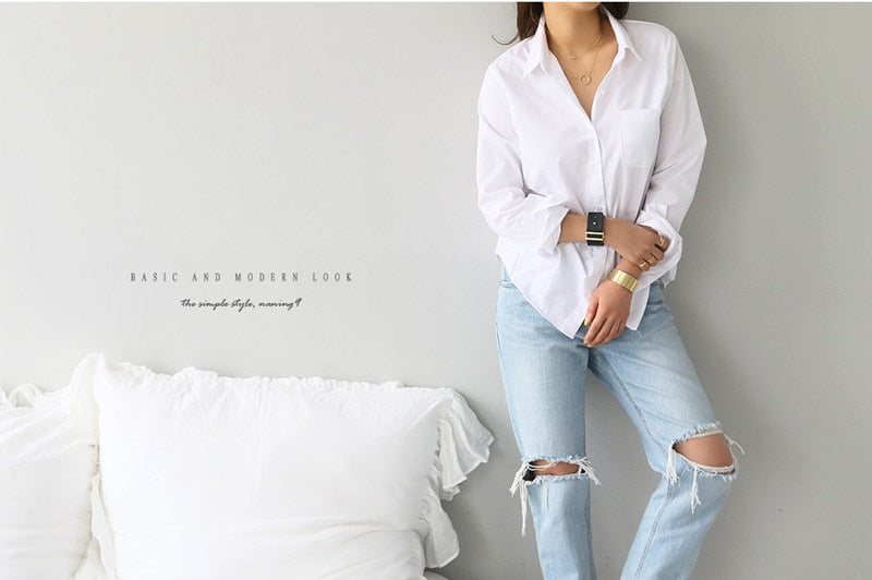 S-3XL Spring One Pocket Women White Blouse Female Shirt Tops Long Sleeve