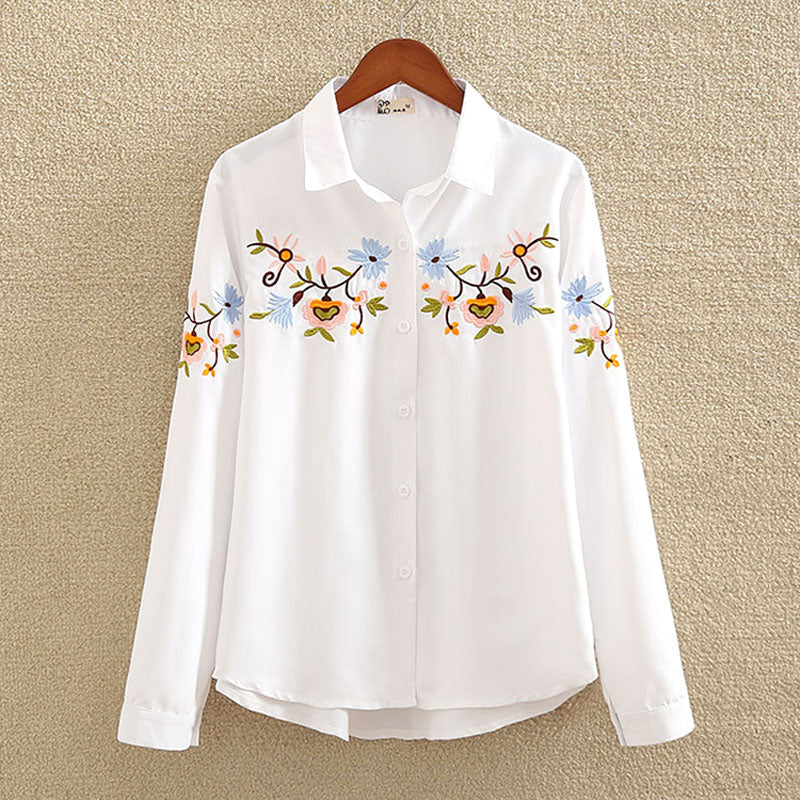 Floral Embroidered Blouse Shirt Women Slim White Tops Long Sleeve Blouses plus size