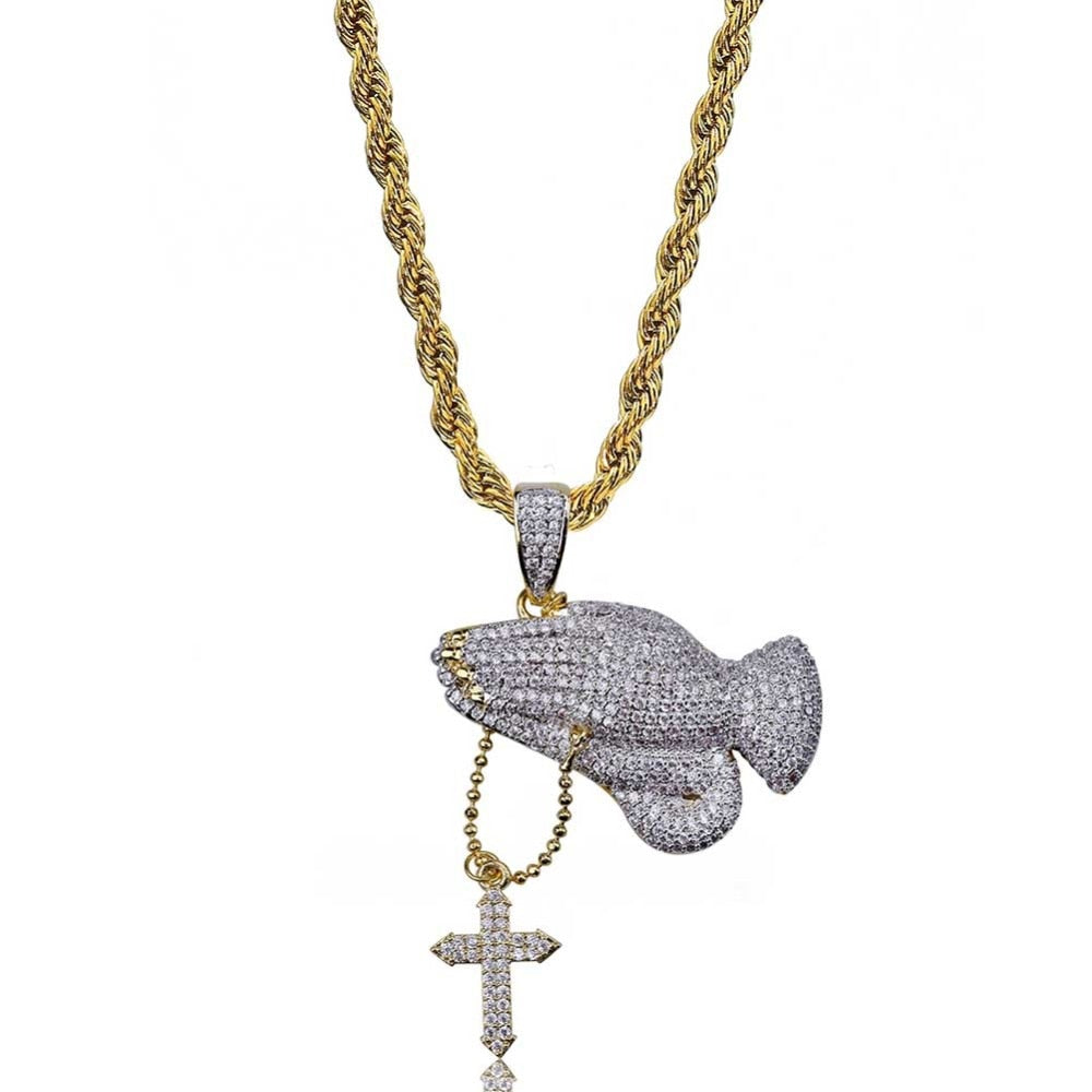 Iced Out Praying Hand Pendant Necklace With Cross Gold Silver Color Hip Hop Necklace