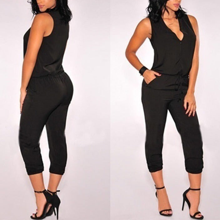 Summer Sexy V Neck Jumpsuit Long Pants Solid Rompers Women's Sleeveless One Piece Bodysuit