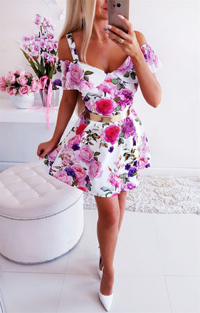 Streetwear Rullfes Decor Sling Strapless Short Sleeve Flower Print Mini Summer Dress