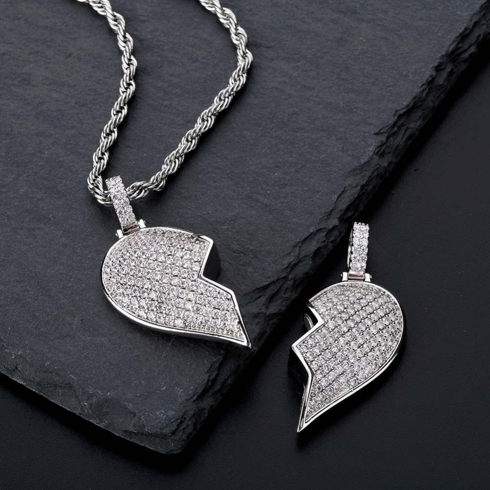 Heart Broken With Magnet Iced Out Pendant Necklace Mens/Women Hip Hop Gold Silver Color Jewelry