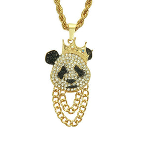 Hip Hop Crown Panda Pendant Necklace Iced Out Cuban Link Chain Mens Women