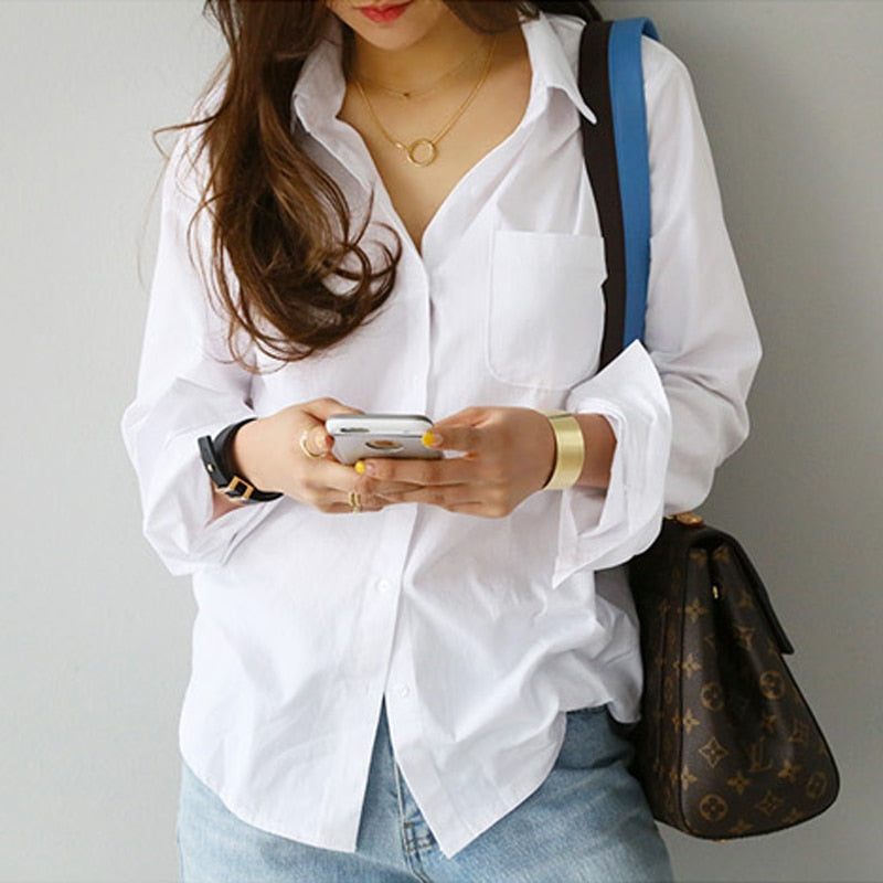S-3XL Spring One Pocket Women White Blouse Female Shirt Tops Long Sleeve