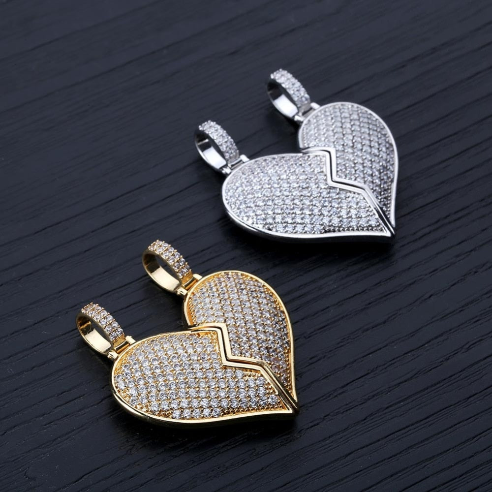 Heart Broken With Magnet Iced Out Pendant Necklace Mens/Women Hip Hop Gold Silver Color Jewelry