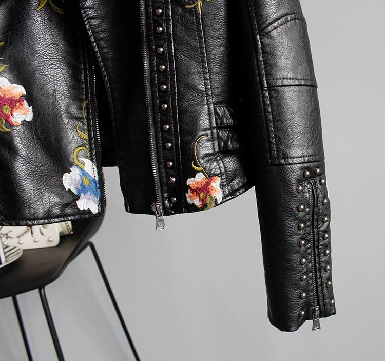 Floral Print Embroidery Faux Soft Leather Jacket Women Pu Motorcycle Coat