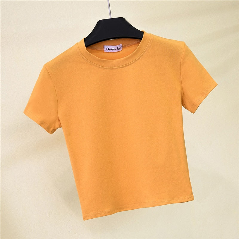 Crop Top T-Shirt Female Solid Cotton O-Neck Short Sleeve T-shirts for Women High Waist Slim T-Shirt