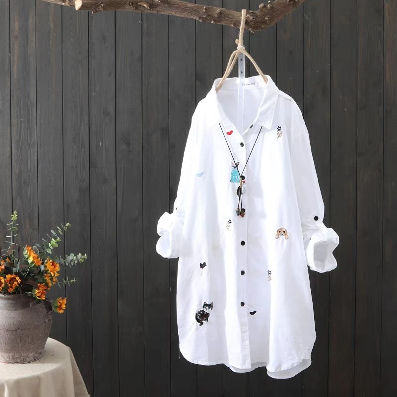 Plus size Cotton Embroidery women loose long white shirts casual ladies blouse