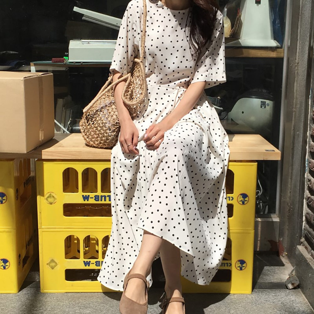 Polka Dot Slim Waist Bandage Long Dress Female Vintage Vestidos with Belt Sundress