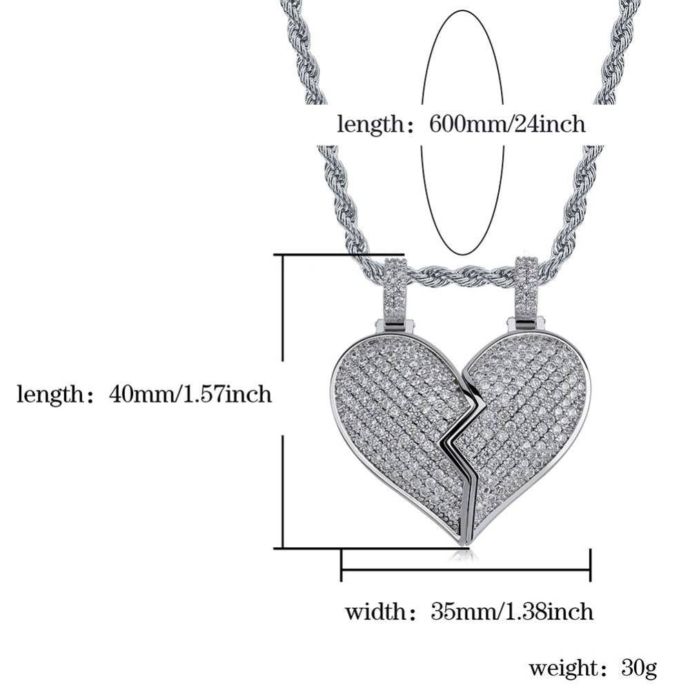 Heart Broken With Magnet Iced Out Pendant Necklace Mens/Women Hip Hop Gold Silver Color Jewelry