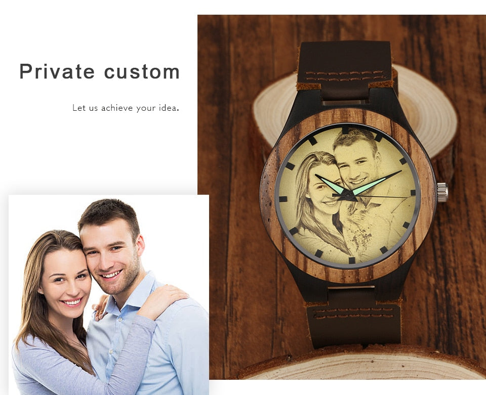 Personalized Custom Watch Photo Ebony Wooden Watch Engraving Picture Leather Band Unique Quartz Watches