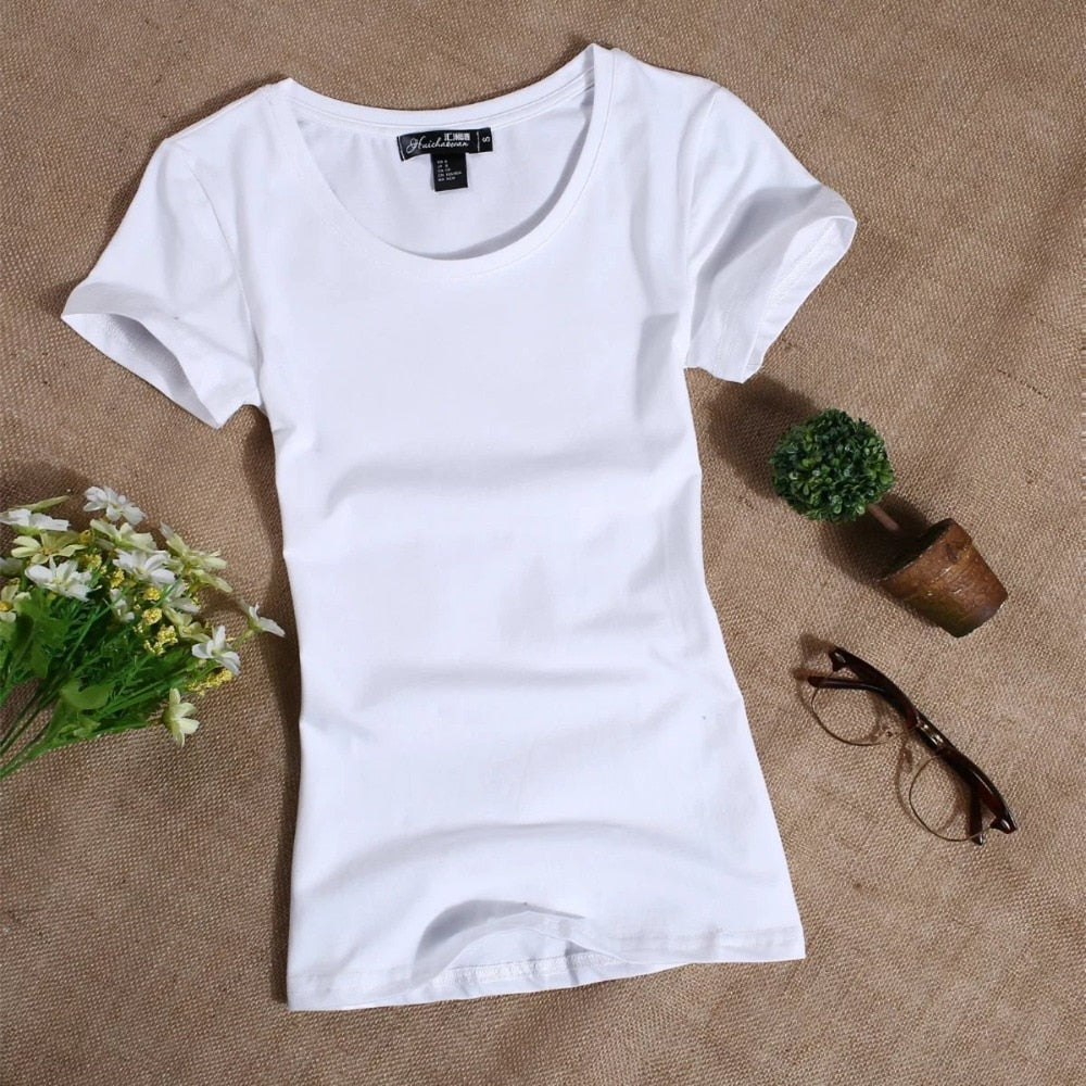 2022 Women's T Shirt Women Short Sleeved Slim Solid Color Womens Simple Tee T-Shirt