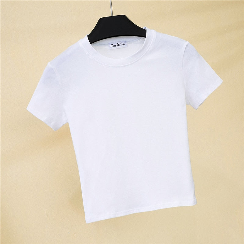 Crop Top T-Shirt Female Solid Cotton O-Neck Short Sleeve T-shirts for Women High Waist Slim T-Shirt