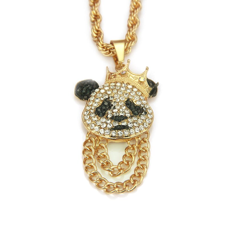 Hip Hop Crown Panda Pendant Necklace Iced Out Cuban Link Chain Mens Women