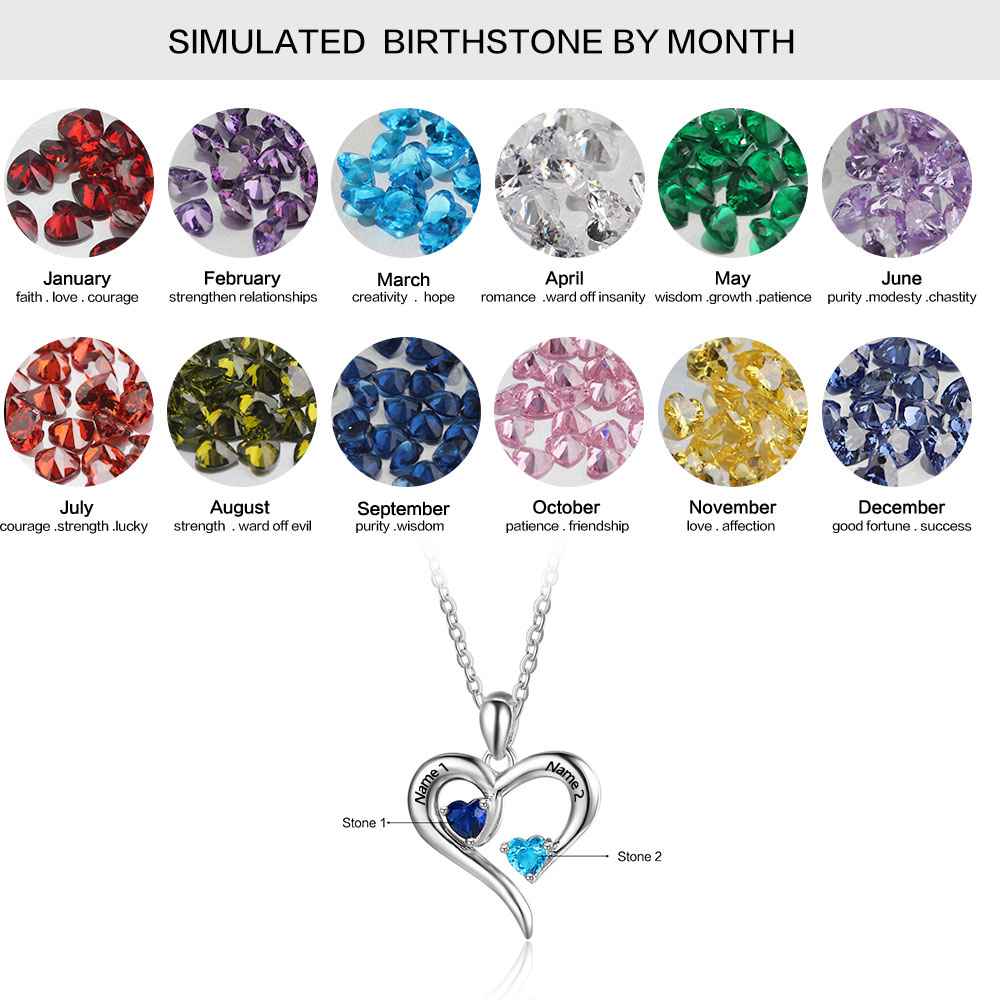 925 Sterling Silver Heart Necklace with 2 Birthstones Custom Engrave Name Pendant