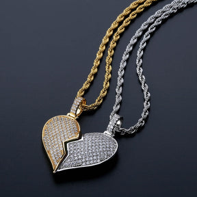 Collana con ciondolo a forma di cuore spezzato con magnete ghiacciato, gioielli hip-hop color oro argento per uomo/donna